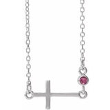 Sterling Silver Natural Pink Tourmaline Sideways Cross 16-18" Necklace