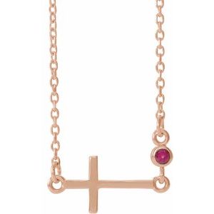 14K Rose Natural Pink Tourmaline Sideways Cross 16-18" Necklace