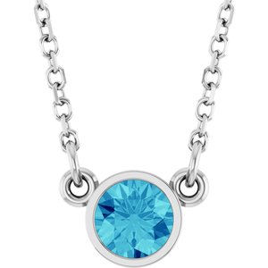 14K White Natural Blue Zircon Solitaire 16" Necklace