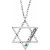 Rhodium-Plated Sterling Silver Personalized Imitation Emerald Star of David 18" Necklace