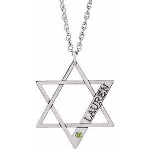 Rhodium-Plated Sterling Silver Personalized Imitation Peridot Star of David 18" Necklace