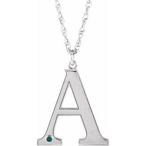 Rhodium-Plated Sterling Silver Engravable Imitation Alexandrite Initial A 18" Necklace