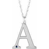 Rhodium-Plated Sterling Silver Engravable Imitation Blue Sapphire Initial A 18" Necklace