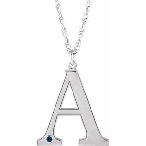 Rhodium-Plated Sterling Silver Engravable Imitation Blue Sapphire Initial A 18" Necklace