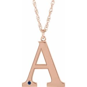 14K Rose Engravable Imitation Blue Sapphire Initial A 18" Necklace
