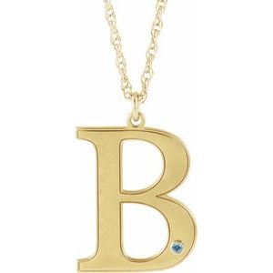 14K Yellow Engravable Imitation Aquamarine Initial B 18" Necklace