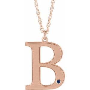 14K Rose Engravable Imitation Blue Sapphire Initial B 18" Necklace