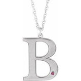 14K White Engravable Imitation Pink Tourmaline Initial B 18" Necklace