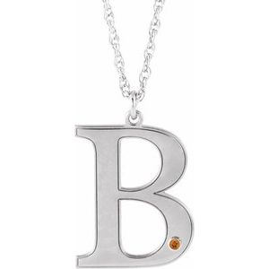14K White Engravable Imitation Citrine Initial B 18" Necklace
