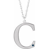14K White Engravable Imitation Blue Sapphire Initial C 18" Necklace