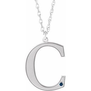 Rhodium-Plated Sterling Silver Engravable Imitation Blue Sapphire Initial C 18" Necklace