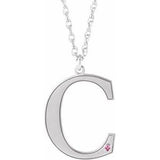 Rhodium-Plated Sterling Silver Engravable Imitation Pink Tourmaline Initial C 18" Necklace