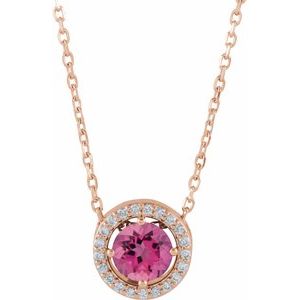 14K Rose Natural Pink Tourmaline & .05 CTW Natural Diamond Halo-Style 16" Necklace