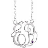 Rhodium-Plated Sterling Silver 20 mm 2-Initials Imitation Amethyst Script Monogram 18" Necklace