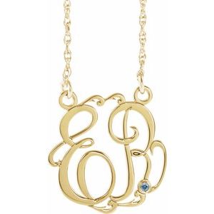 14K Yellow 20 mm 2-Initials Imitation Aquamarine Script Monogram 18" Necklace