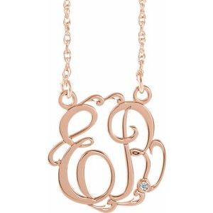 14K Rose 20 mm 2 Initials .02 CT Natural Diamond Script Monogram 18" Necklace
