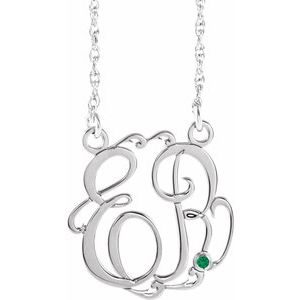 14K White 20 mm 2-Initials Imitation Emerald Script Monogram 18" Necklace