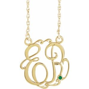 14K Yellow Gold-Plated Sterling Silver 20 mm 2-Initials Imitation Emerald Script Monogram 18" Necklace