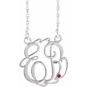 14K White 20 mm 2-Initials Imitation Ruby Script Monogram 18" Necklace