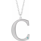 10K White Engravable Imitation Blue Zircon Initial C 18" Necklace