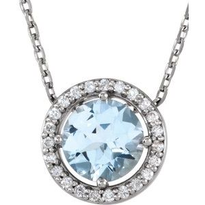 14K White Natural Aquamarine & .06 CTW Natural Diamond Semi-Set Halo-Style 16" Necklace