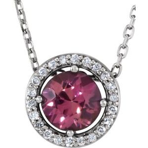 Sterling Silver Natural Pink Tourmaline & .05 CTW Natural Diamond Halo-Style 16" Necklace