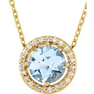 14K Yellow Natural Aquamarine & .06 CTW Natural Diamond Semi-Set Halo-Style 16" Necklace