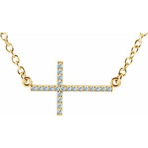 14K Yellow Natural Aquamarine Sideways Cross 16-18" Necklace