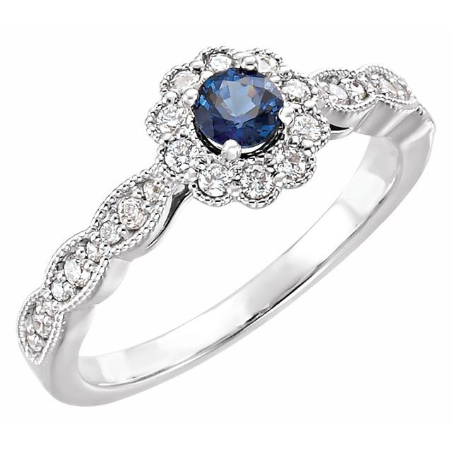 Platinum Round Natural Blue Sapphire 1/4 CTW Natural Diamond Halo-Style Ring