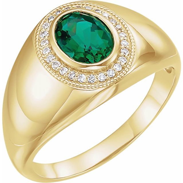 14K Yellow Lab-Grown Emerald & 1/8 CTW Natural Diamond Halo-Style Ring