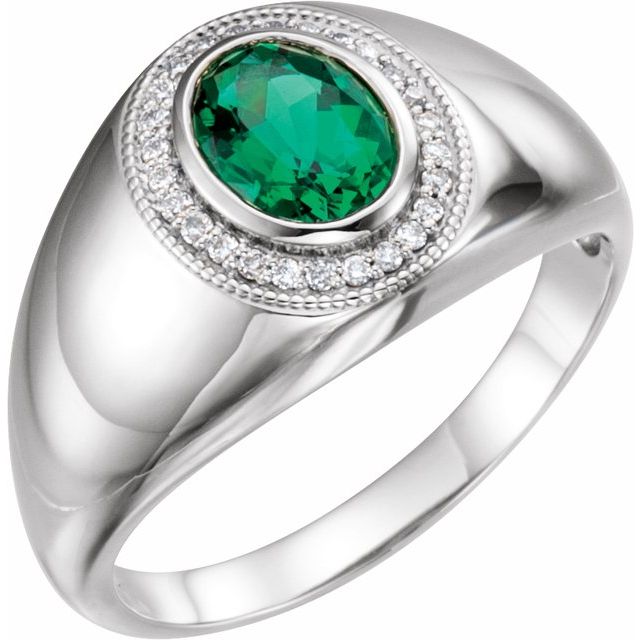 Sterling Silver Lab-Grown Emerald & 1/8 CTW Natural Diamond Halo-Style Ring