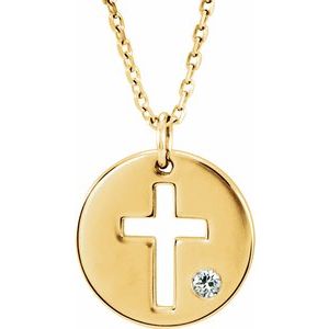 14K Yellow .03 CT Natural Diamond Pierced Cross Disc 16-18" Necklace