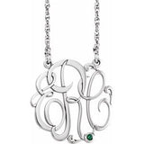 14K White 25 mm 3-Initials Imitation Emerald Script Monogram 18" Necklace