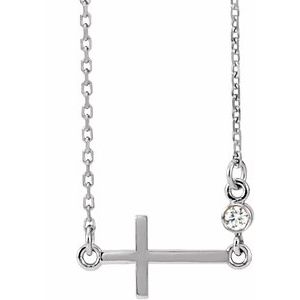 14K White .03 CTW Natural Diamond Sideways Cross 16-18" Necklace