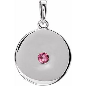 14K White Natural Pink Tourmaline Disc Pendant