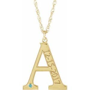 14K Yellow Engravable Imitation Blue Zircon Initial A 18" Necklace