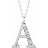 Rhodium-Plated Sterling Silver Engravable Imitation Blue Zircon Initial A 18" Necklace