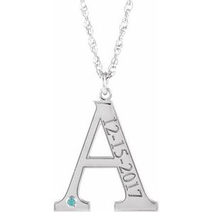 Rhodium-Plated Sterling Silver Engravable Imitation Blue Zircon Initial A 18" Necklace