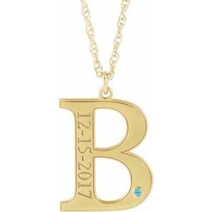 14K Yellow Engravable Imitation Blue Zircon Initial B 18" Necklace
