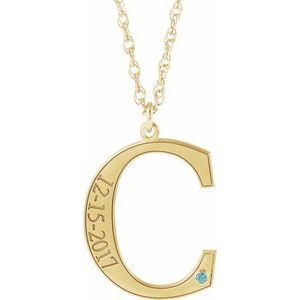 14K Yellow Gold-Plated Sterling Silver Engravable Imitation Blue Zircon Initial C 18" Necklace
