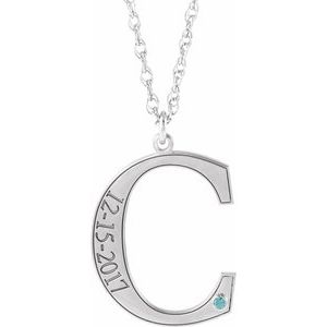 Rhodium-Plated Sterling Silver Engravable Imitation Blue Zircon Initial C 18" Necklace