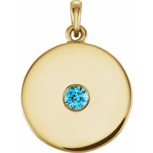 14K Yellow Natural Blue Zircon Disc Pendant