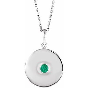 14K White Natural Emerald Disc 16-18" Necklace