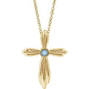 14K Yellow Natural Aquamarine Cross 16-18" Necklace