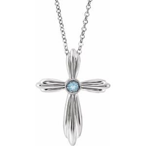 14K White Natural Aquamarine Cross 16-18" Necklace