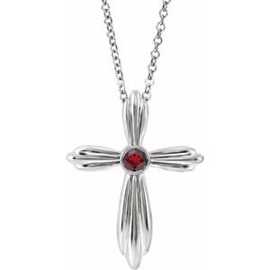Sterling Silver Natural Mozambique Garnet Cross 16-18"Necklace