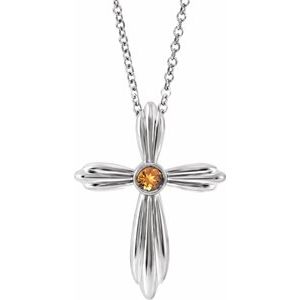 Sterling Silver Natural Citrine Cross 16-18" Necklace