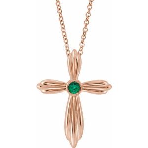 14K Rose Natural Emerald Cross 16-18" Necklace