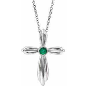 Sterling Silver Natural Emerald Cross 16-18" Necklace