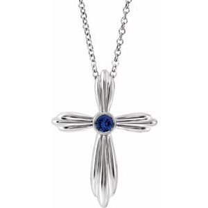 Platinum Lab-Grown Sapphire Cross 16-18" Necklace